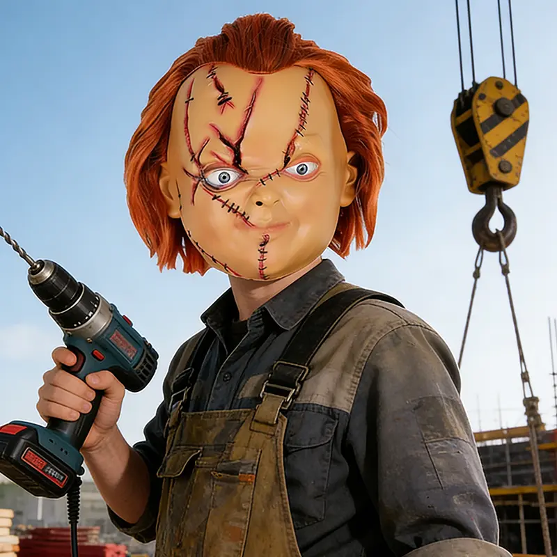 Kuberas Evil Eye Full-Head Latex Chucky Doll Mask with Hair - Creepy Scary Horror Mask, Breathable, Comfortable, Fluffy, Odorless Adult Cosplay Prop, Halloween Costume Accessory, Festive Party Supply (Adult-Sized)