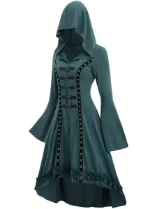 Women's Grommet Eyelet Buckle Decor Frill Trim High Low Hem Hooded Jersey Dress, Punk Fashion Flounce Sleeve A Line Slim Dress for Party Holiday, Women's Clothing for Fall & Winter, Witch Costume, Womenswear