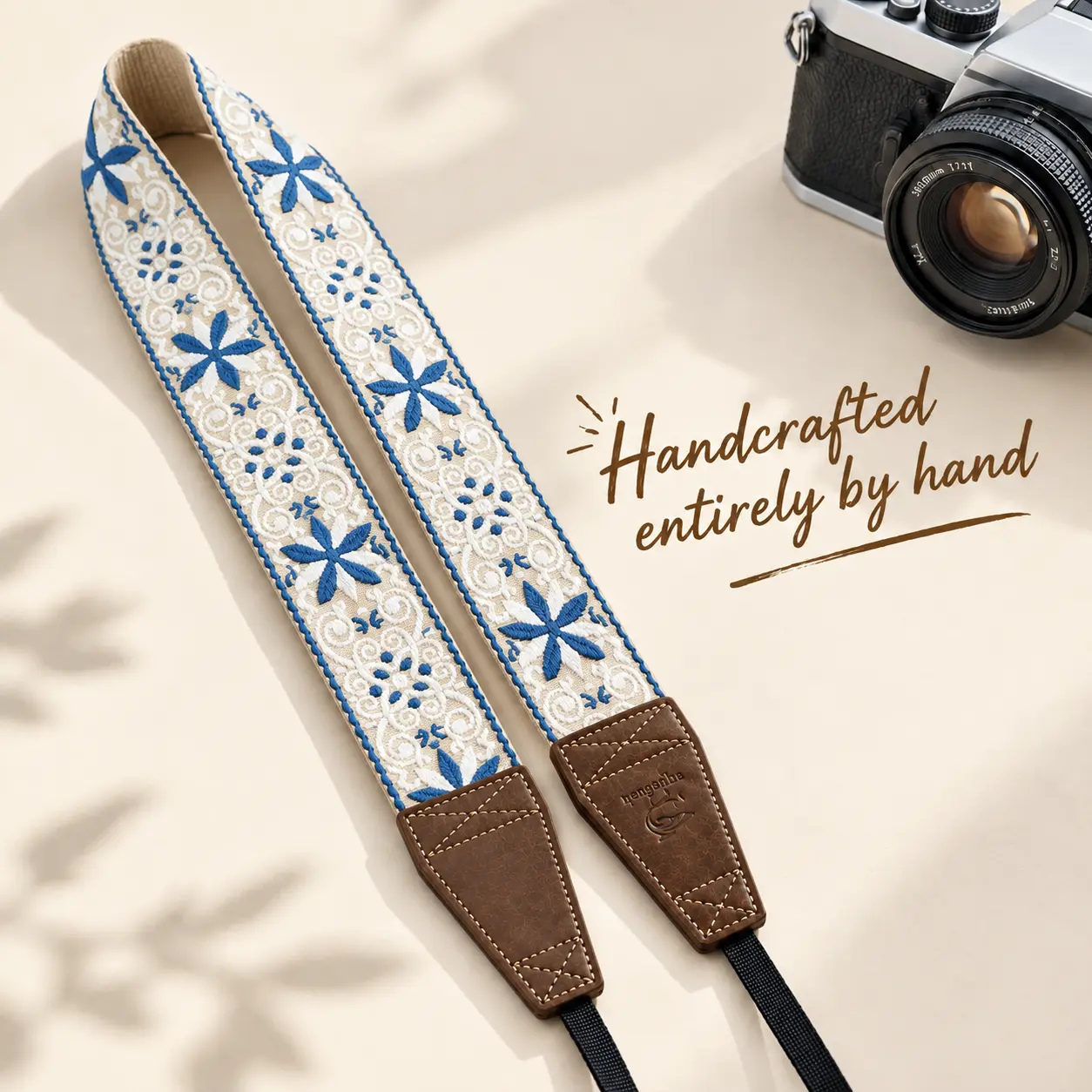 Padded Embroidery Camera Strap - Cotton Fabric, Leather Ends, Buckle Attachment, Quick Release, Universal Fit, Shoulder/Crossbody Wear, Camera Accessories