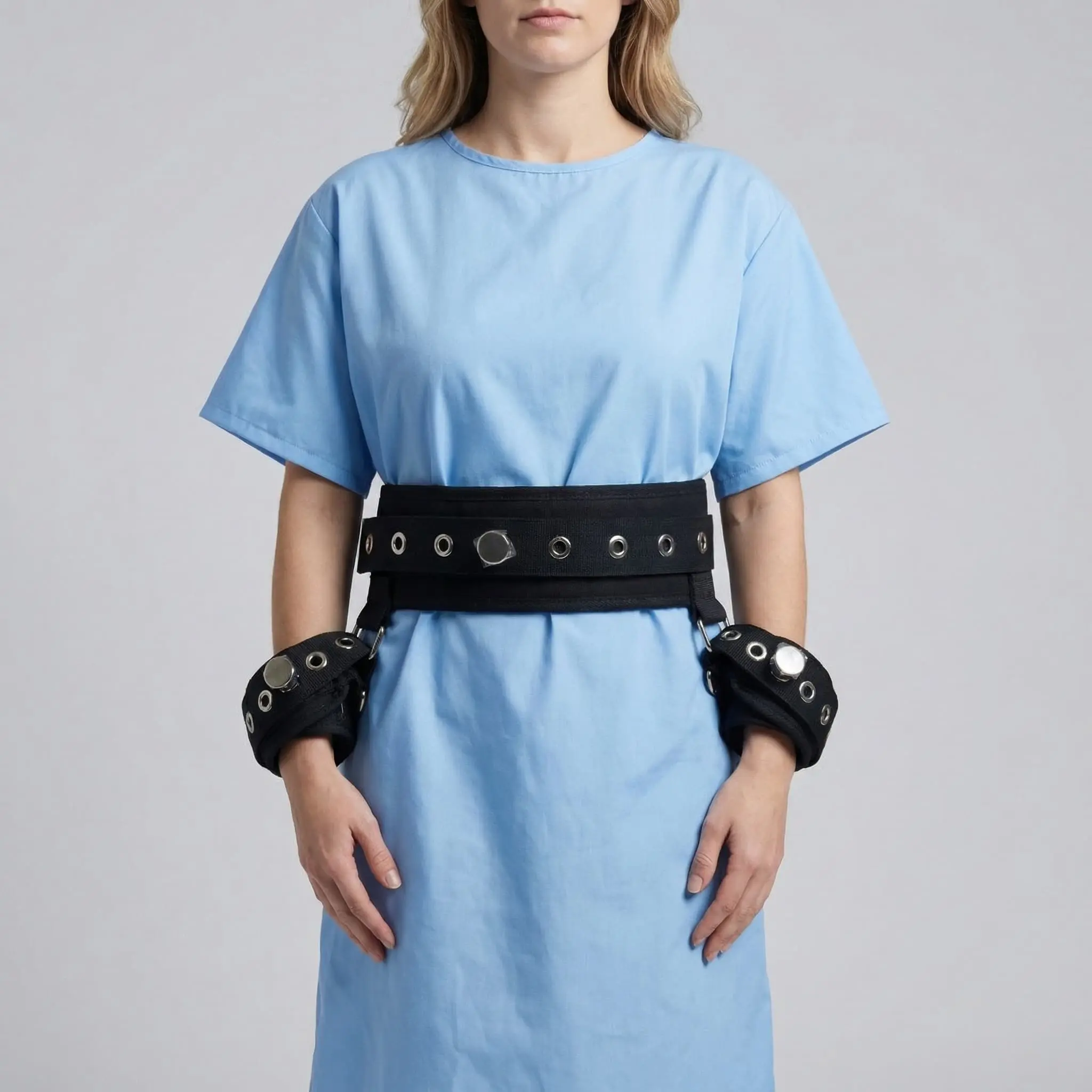 Hand & Waist Restraint Brace with Magnetic Lock - Adjustable Cotton Fabric Belly Strap, Detachable Wrist Ties, Metal Parts for Agitated Patients Safety Support (Clinic, Healthcare Use)
