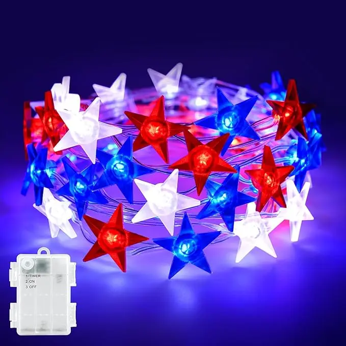 4th of July String Lights Operated Red White and Blue Patriotic Star Lights with Timer 13ft 40 LED Waterproof Outdoor Independence Day Memorial Day & Presidents Day Decor