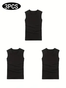 Men's Solid Color Tank Vest Tops 3-Pack, XS-Xl Sizes, Fashionable and Comfortable Underwear, Fitness Workout Vest, Sports Vests, Sleeveless Gym Tops, Gym Sports Sweatshirts, Daily Wear