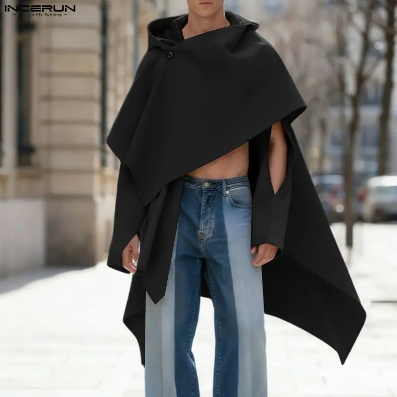INCERUN Men's Gothic Cape Coat - Minimalist Solid Black Poncho Tops with Batwing Sleeves, Irregular Hem, Elegant Fashion Evening Wear Menswear Jacket