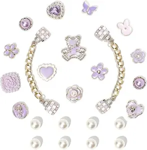 22pcs Purple Shoe Charms for Clog Sandals, Cute Girly Decor with Chains, Bear Heart Butterfly Pearl Charms