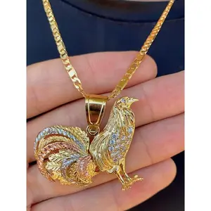 Mens 24" 14K Gold Plated Chicken Rooster Animal Pendant Necklace CZ Cubic Zirconia Charm Fashion Jewelry Unique Gift Accessory