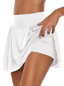 Women's High Waist Pleated Skirt, 2-In-1 Design, High Elasticity, Casual Sporty Style, Short Dress for Spring & Fall, White Skirt