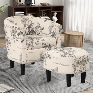 [Stock Up] EBELLO Modern Accent Chair with Ottoman for Small Space, Club Chair with Ottoman Set, Comfortable Fabric Barrel Reading Chairs for Living Room, Bedroom, Round Reading Chair Armchair