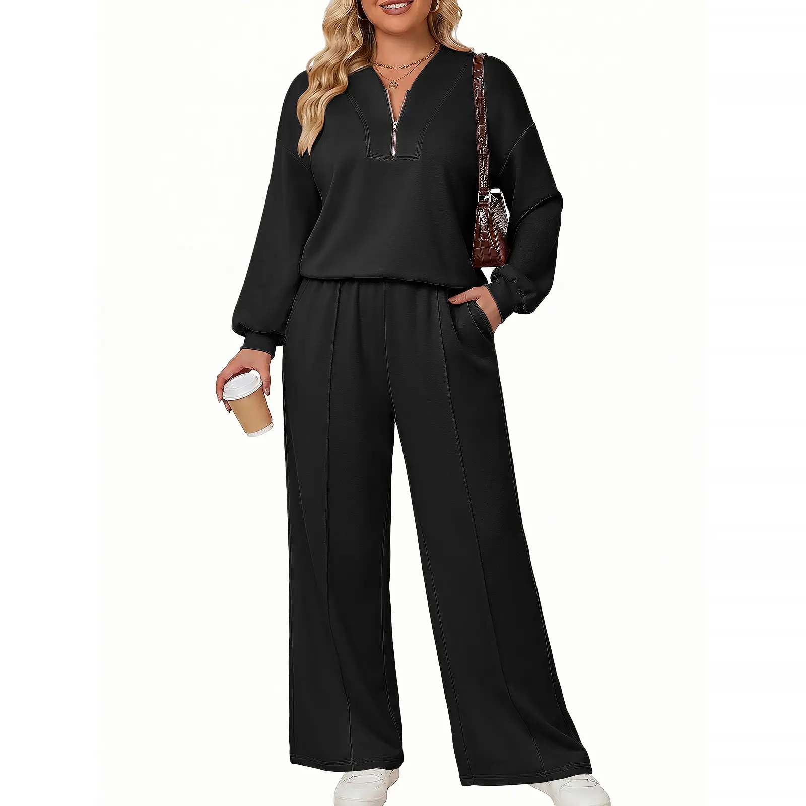 Eytino Womens Plus Size Contrasting Trim V Neck Long Sleeve Pullover Top Elastic Waistband Pants Casual 2 Piece Outfit (1X-5X)
