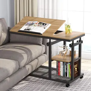 LITTLE TREE Height Adjustable C Table with Wheels, Mobile Couch Snack Side Table with Tiltable Drawing Board, Sofa Bedside Laptop Stand C Shaped TV Tray with Storage Shelves