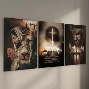 3 Counts Wood Framed Canvas Religious Wall Art, Ready to Hang, Cross Art Bible Decor, Waterproof Canvas, Modern Artistic Home Decor