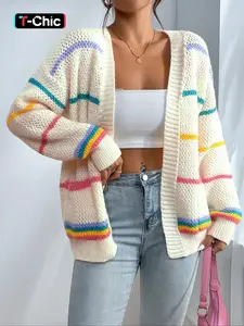 Women's Striped Print Open Front Cardigan, Casual Drop Shoulder Long Sleeve Pocket Cardigan for Fall & Winter, Ladies' Knitwear for Daily Wear