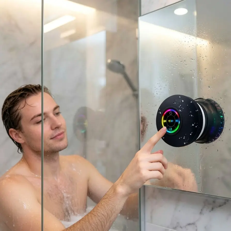 Waterproof LED Bluetooth Speaker with Suction Cup, Portable Wireless Mini Speaker for Shower, Kitchen, Poolside & Camping, IPX4 Water-Resistant