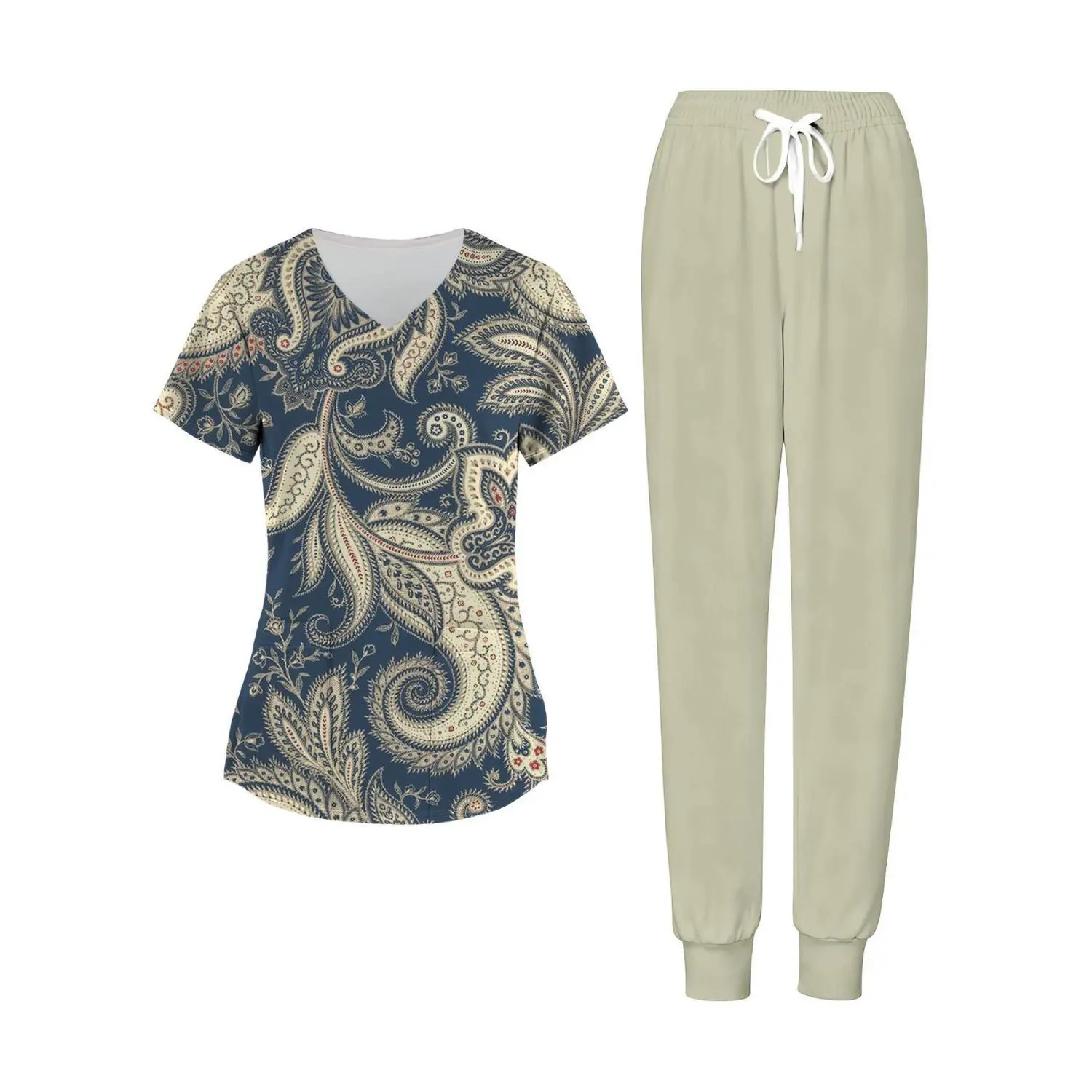 Women's Elegant Paisley Print Two-Piece Set, V-Neck Short Sleeve Uniform Top with Pockets, Navy Blue, Comfortable Fabric