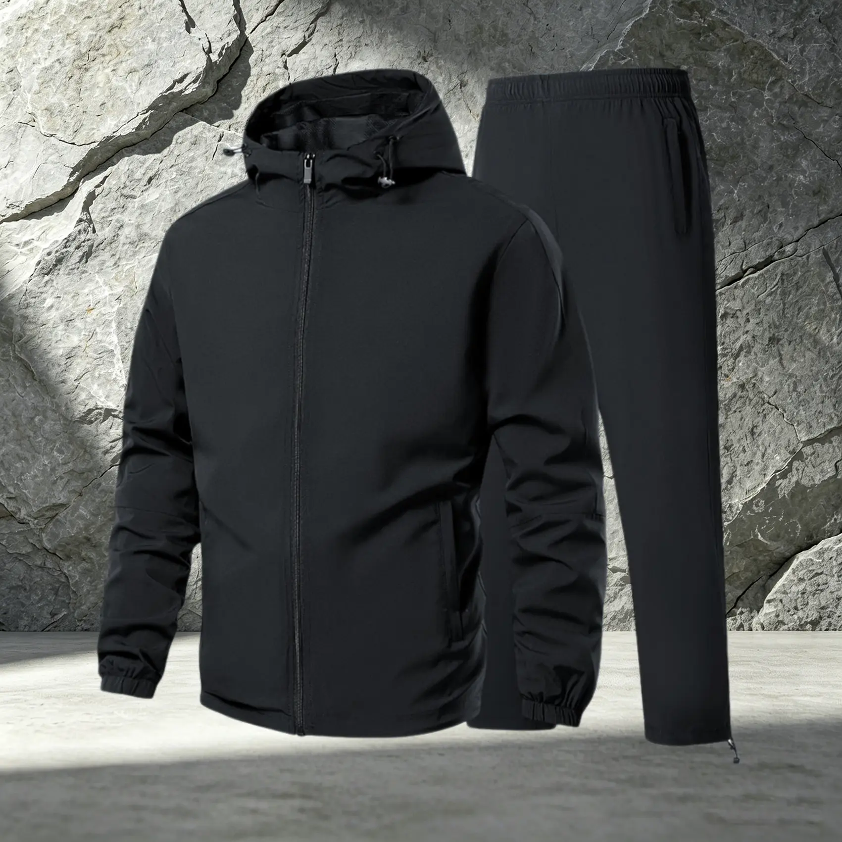 Men’s solid-color hooded two-piece athletic set featuring a minimalist outdoor casual style; a full-zip jacket paired with elastic-waist long pants for a coordinated design, suitable for adult men’s outings, walks, and everyday casual wear. sohochic