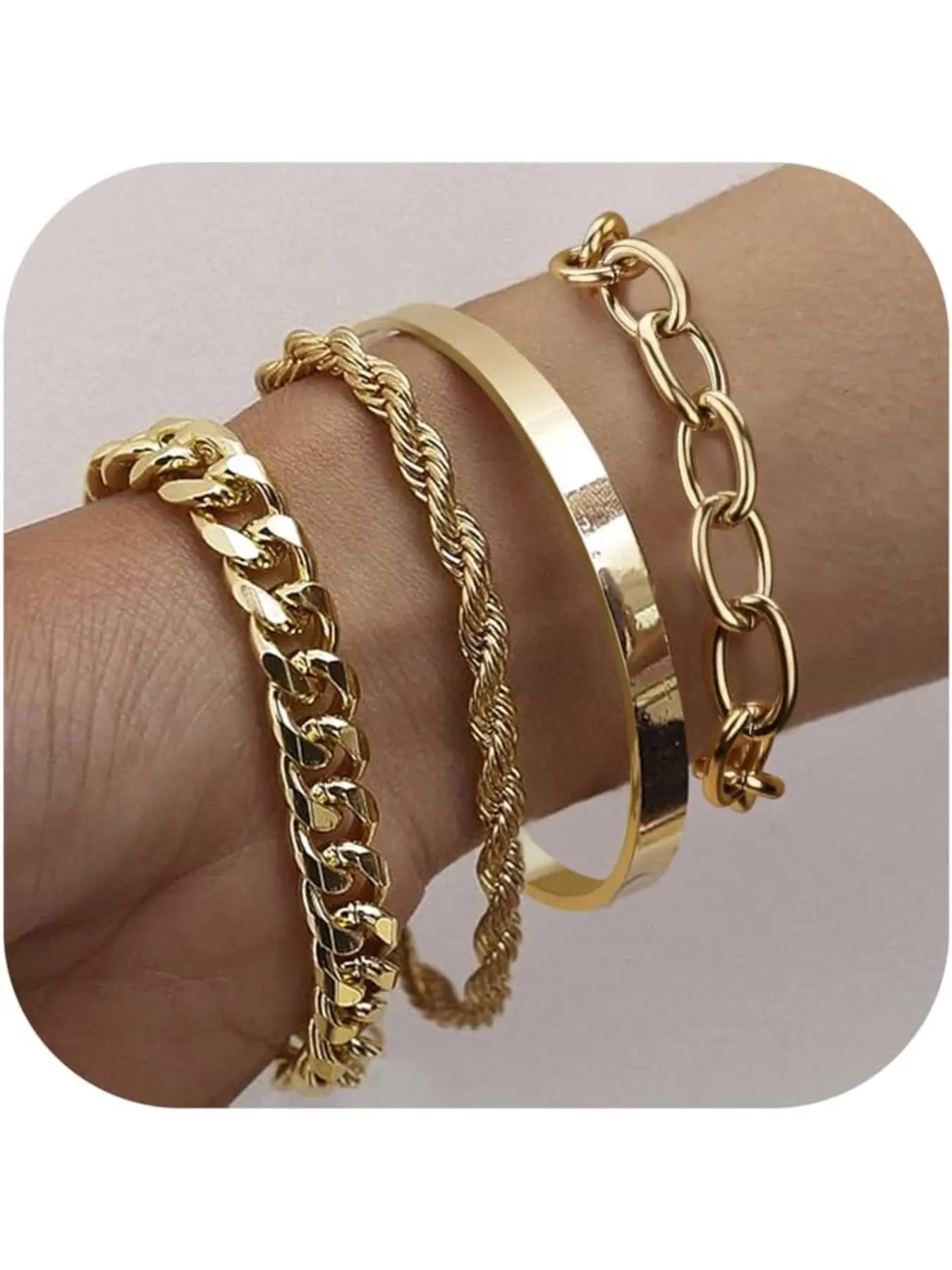 Chunky Gold Silver Bracelets for Women Waterproof, Women's Gold Bracelet Set Stack Non Tarnish Chunky Link Bracelets Pack Thick Layered Cable Chain Paperclip Snake Bracelet Rope Link Bracelet Stackable Bangle Bracelets