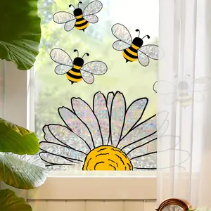 A sunflower and bee window sticker (30*40cm) - sunlight colorful static sticker, glass sticker, Removable Window Decal, 20-thread double-sided printing, double-sided visible home decoration sticker (XC6005-ZY)