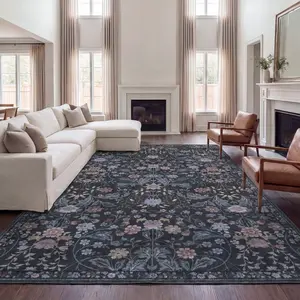 Primrose Art Nouveau Floral Border, Ultra-Soft Machine-Washable Rug with Non-Skid Backing, Non-Shedding, Velvet Luxury Feel for Living Room, Dining Room, Bedroom