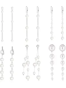 6 Pairs Long Pearl Earrings for Women - Gold Plated Tassel Drop Dangle Threader Earrings - Jewelry Gifts