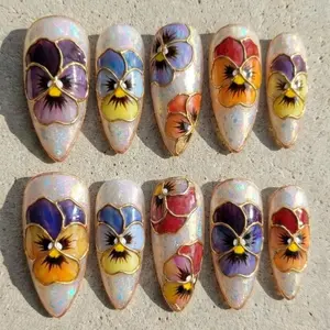 Hand Painted Pansy Press On Nails, Stained Glass Floral Nail Art