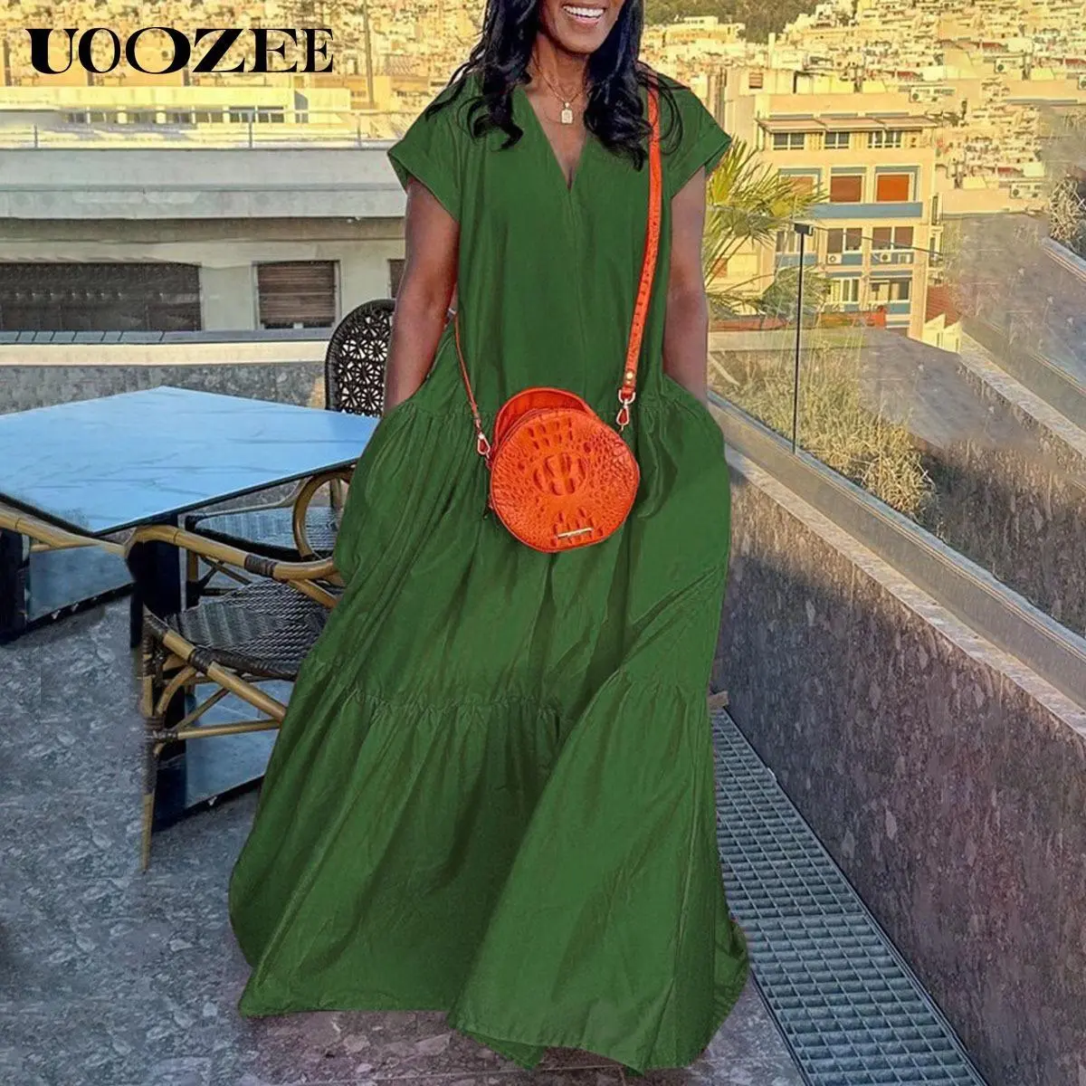 UOOZEE Women's Casual Pleated Maxi Dress, Comfortable Loose Fit Short Sleeve Summer Cotton Blend Dress with Split V-Neck and Pockets, Style, Lady