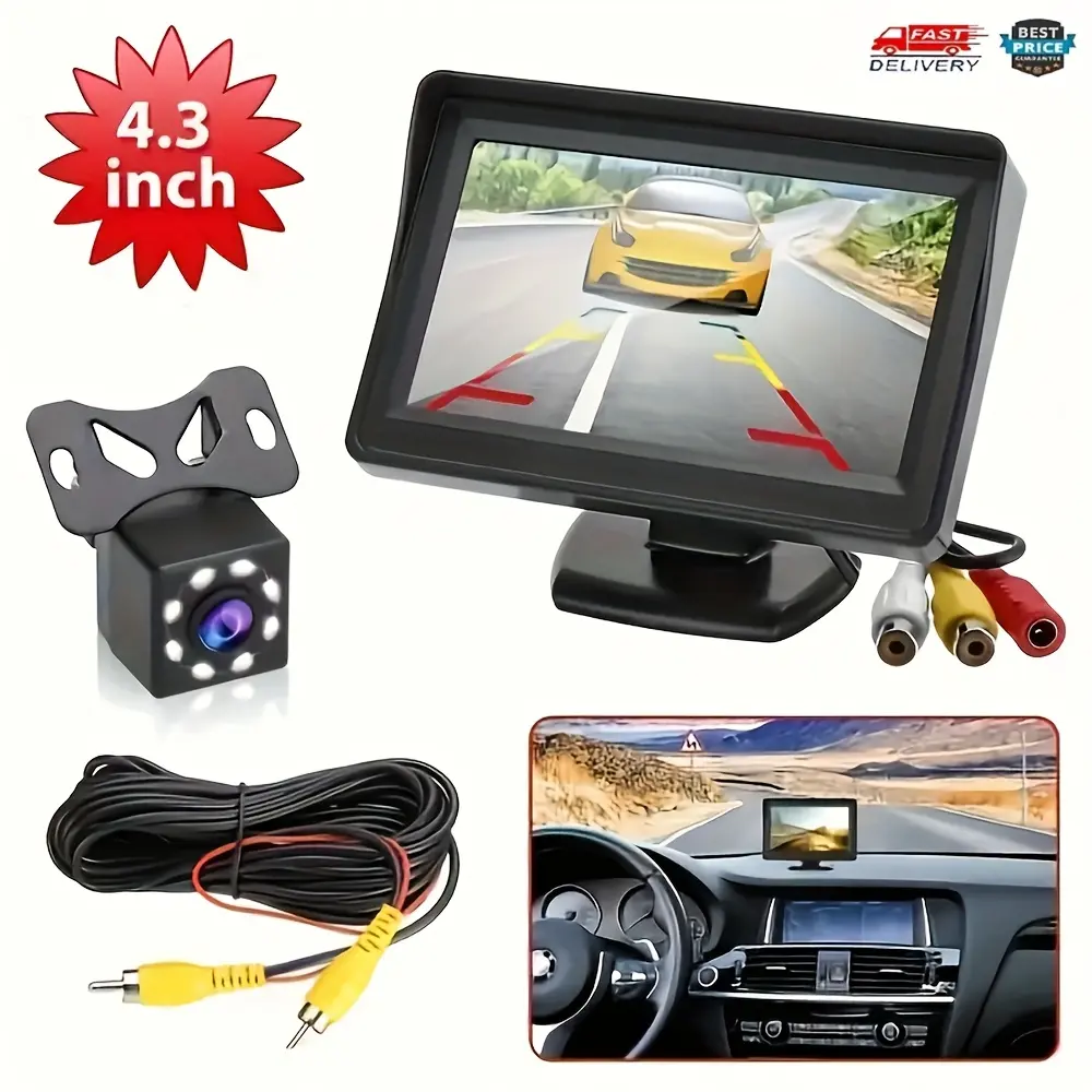 Rearview mirror backup camera HD parking system with a 4.3-inch display and an 8-LED HD backup camera kit for safe parking and reversing driving.