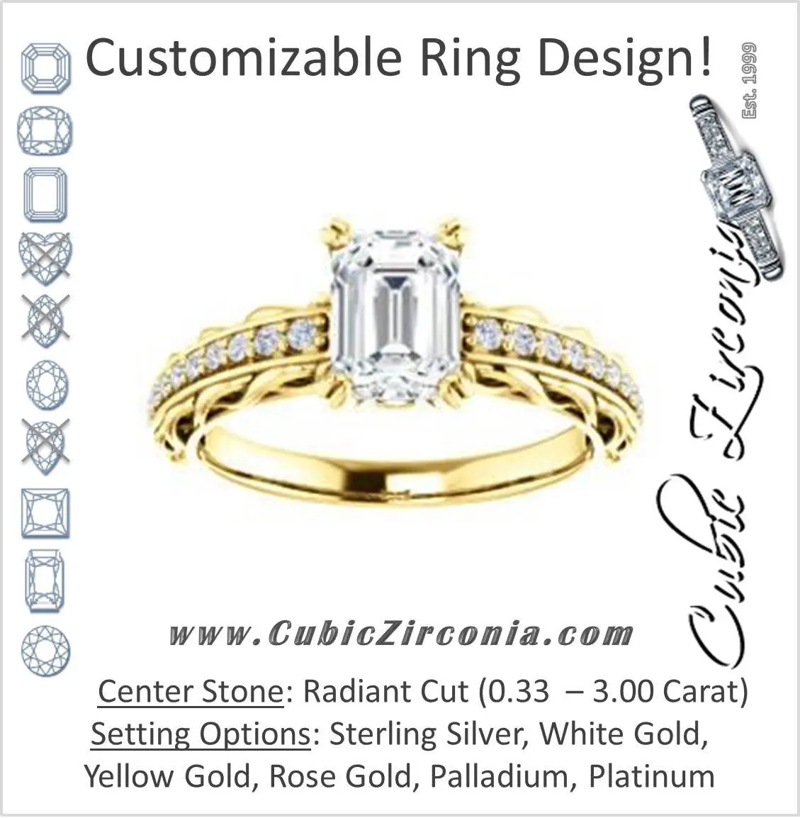Cubic Zirconia Engagement Ring- The Melody (Customizable Radiant Cut Style with Lacy Filigree Metal Band Plus Pavé and Peekaboo Accents)