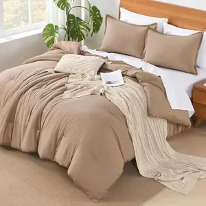 Andency Taupe  Comforter Set & Duvet insert- 7 Pieces Bed in a Bag, Summer Solid Soft Lightweight Comforter with Fitted Sheets, Flat Sheets, Pillowcases & Shams