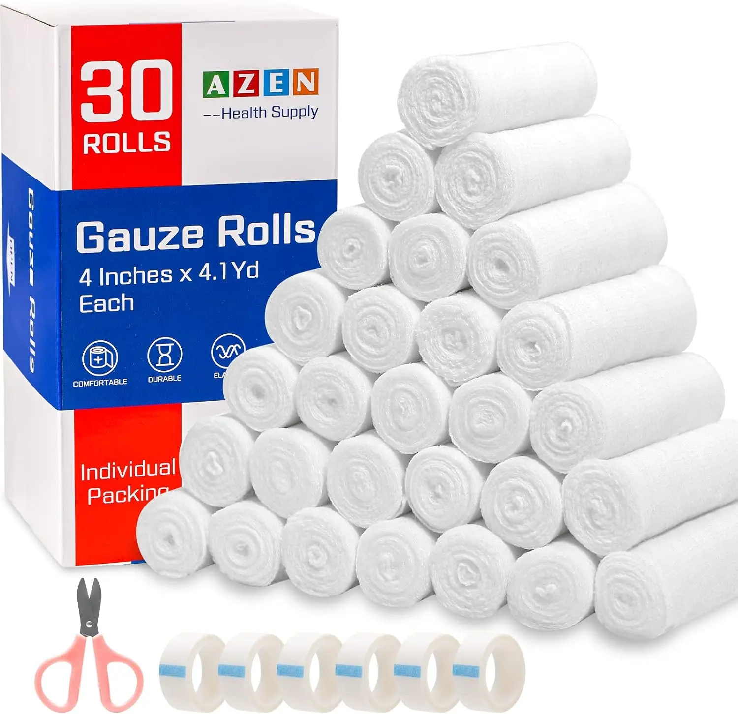 30 Pack Gauze Rolls Bandages, 4 in x 4.1 Yards, Premium Medical Supplies & First Aid Supplies, Bandage Wrap Vet Wrap, Mummy Wraps