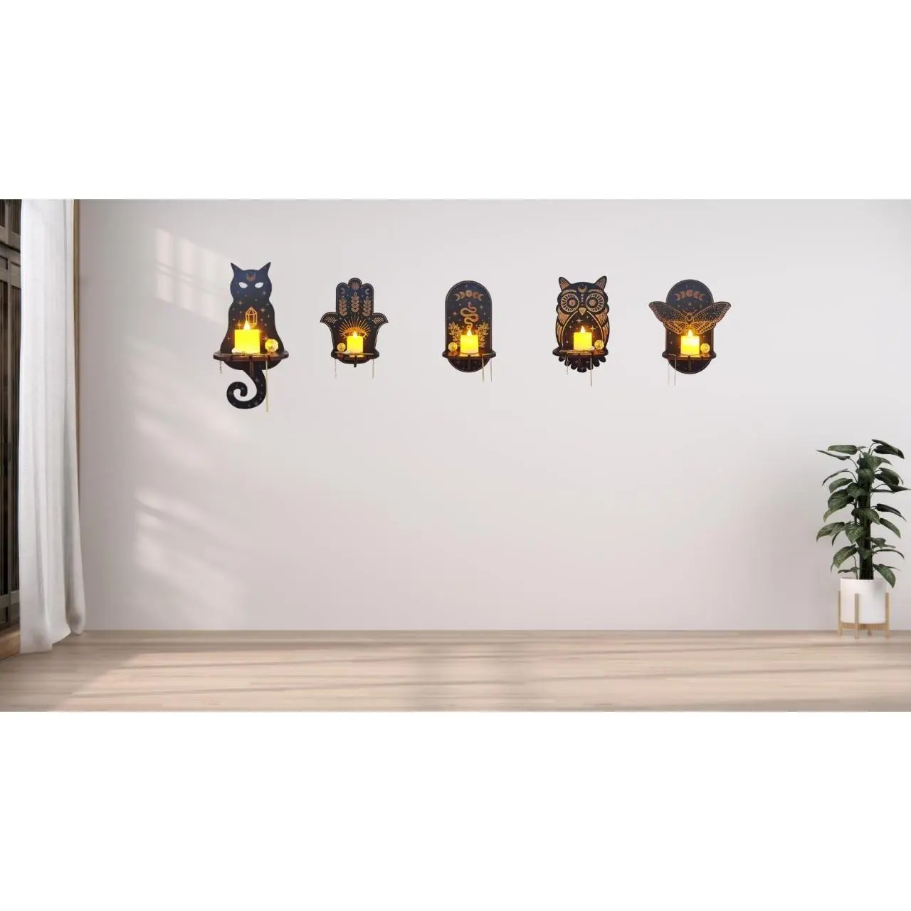 Unique Handcrafted Natural Stone Style Wooden Wall Shelf and Hanging Candle Holder Display.