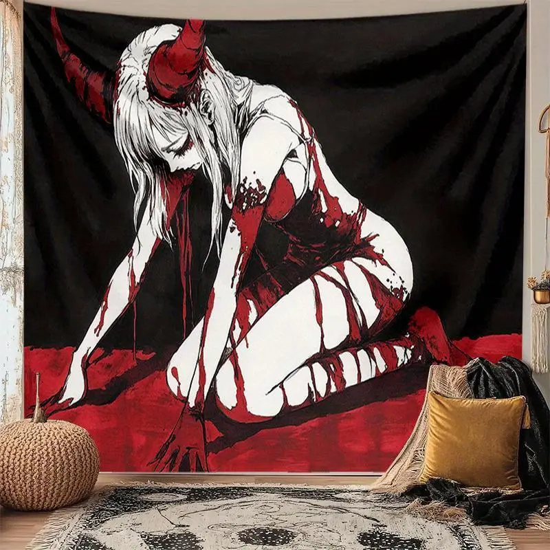 Gothic Tapestry Banner - Blood Red Devil Motif Wall Decor, 100% Polyester Room Art with Hand-Sewn Edges, Wrinkle-Resistant, Machine Washable, Indoor/Outdoor Home Decor for Living Rooms, Polyester Fiber