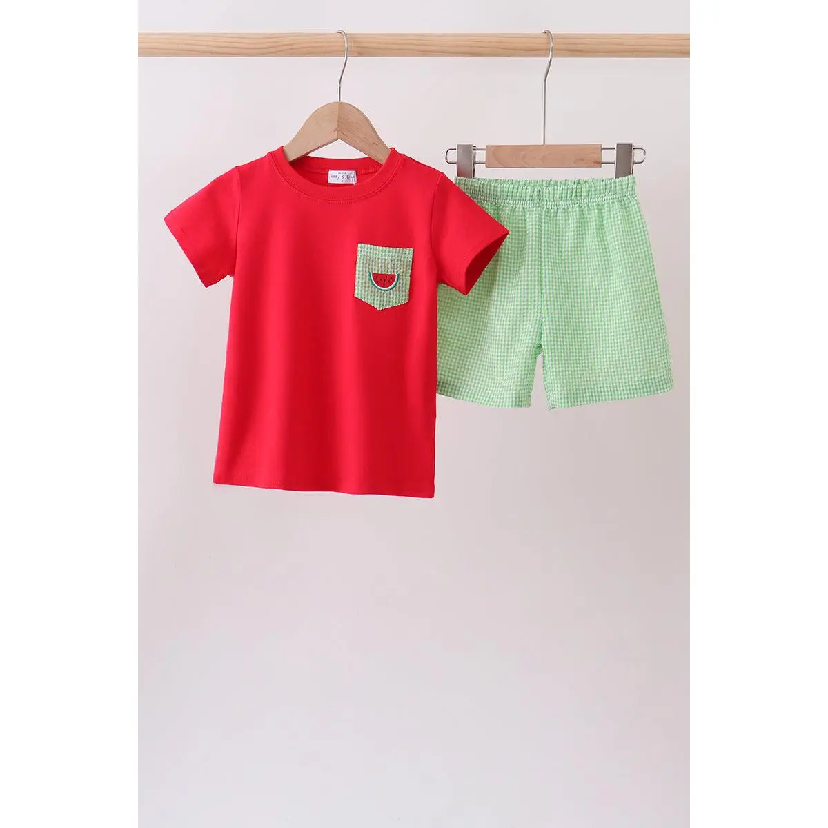 Red watermelon embroidery shorts set