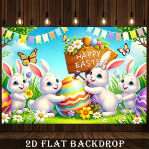 2D Flat, 1pc 1pcs Spring Easter Bunny & Cherry Blossom Banner - Eggs Decoration Suitable for Entrances, Rooms, Easter Egg Hunt Parties, Spring, Polyester Background Banner, 2D Flat, Polyester Fabric, Bunny Print