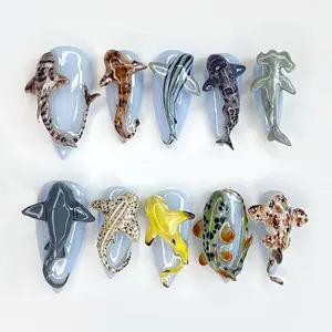 SUMMER 10Pcs Handmade Press On Nails REUSABLE Gel Acrylic Nails, Deep Sea Shark Full Cover Press On False Nails, Ocean Dark Blue Theme Floral Zodiac