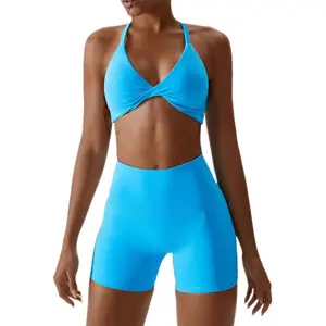 ABOCIW Workout Sets for Women 2 Piece Twist Front Halter Sports Bras High Waist Biker Shorts Exercise Gym Yoga Outfit