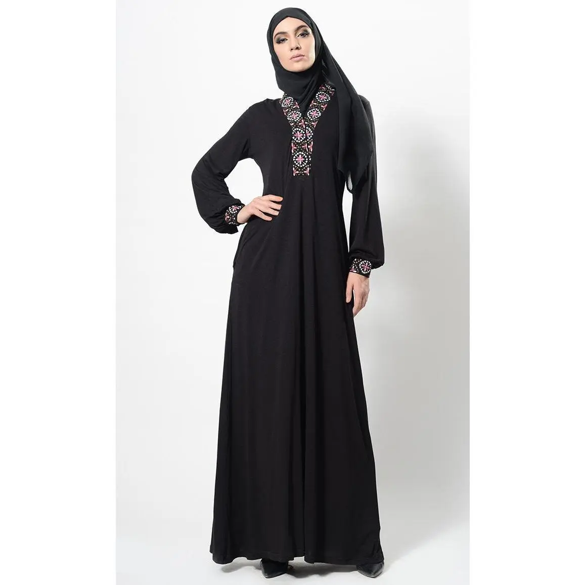 Machine Embroidered Flared Abaya Dress And Hijab Set