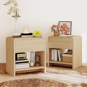 Modern 2-Piece Nightstand Set with Storage Drawer, Open Shelves, 24" Round Bedside Table with Curved Top Corners for Bedroom, Small Spaces, Living Room Indoor End Table