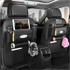 Car Seatback Organizer, Car Interior Accessory, Waterproof Leather Seat Back Storage with Cup Holder Tissue Holder Multiple Pockets, Back Seat Protector Kick Mats for Kids, Travel Accessories