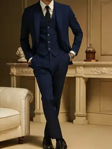 Men's 3pcs Full Suit Set with Vest, Wedding Dress (Suit Pants) & Formal Tie - Slim-Fit Business Wedding Attire, Large Size for Weddings, Funerals, Court Cases - Solid Color Suit for Professional Events