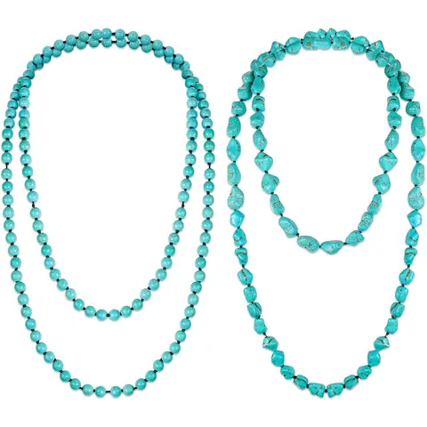 2 Pcs Turquoise Beads Necklace 47.5 Inch Long Endless Necklace Multi Strand Layer Necklace Knotted Homemade Jewelry