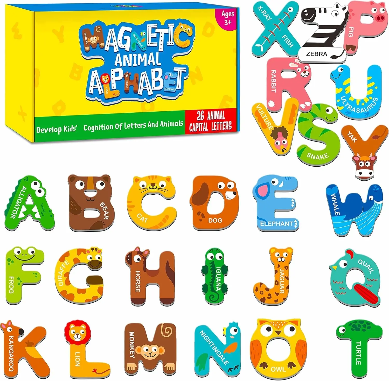 Large Magnetic Animal Alphabet Letters Set - 26 Letters Cute Characters Cardboard Fridge Magnets, Preschool Learning Tool for 3+ Years Toddlers' Cognition of Animals, Educational Spelling Games (for Parents), Bright