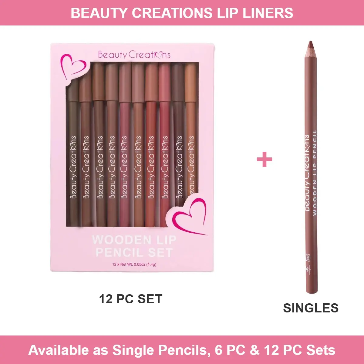 Beauty Creations Lip Liner Pencils – Single Shades & 6/12 PC Sets, Very Creamy Formula, Glides Smoothly, Pigment Rich, Long Wear Wooden Lipliner
