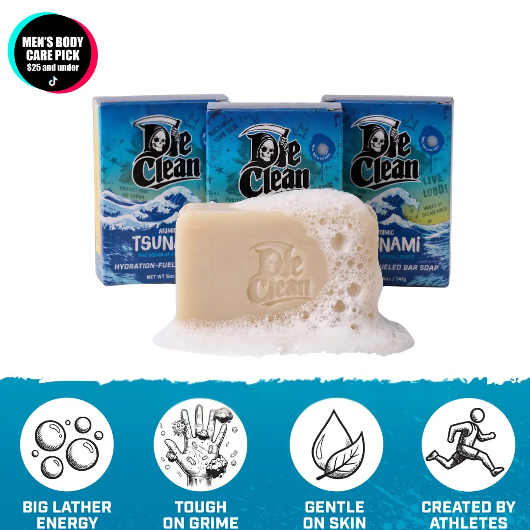 Die Clean | 3 Pack |  Mens Hydration-Fueled Bar Soap | Hydration Soap | Mens Moisture Repair Care | Skincare for Men | Cleansing Moisturizer Bar | Atomic Tsunami | Unscented | Choose your fragrance |