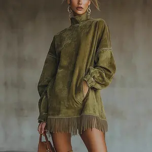 Turtleneck Suede Vintage Loose Pocket Tassel Long Sleeve Dress