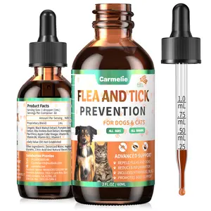 Carmelie Flea & Tick Support Drops for Dogs & Cats Natural Liquid Formula with Vitamins Bacon Flavor All Breeds & Ages Kittens FallFreshness Plant-Based Ingredients