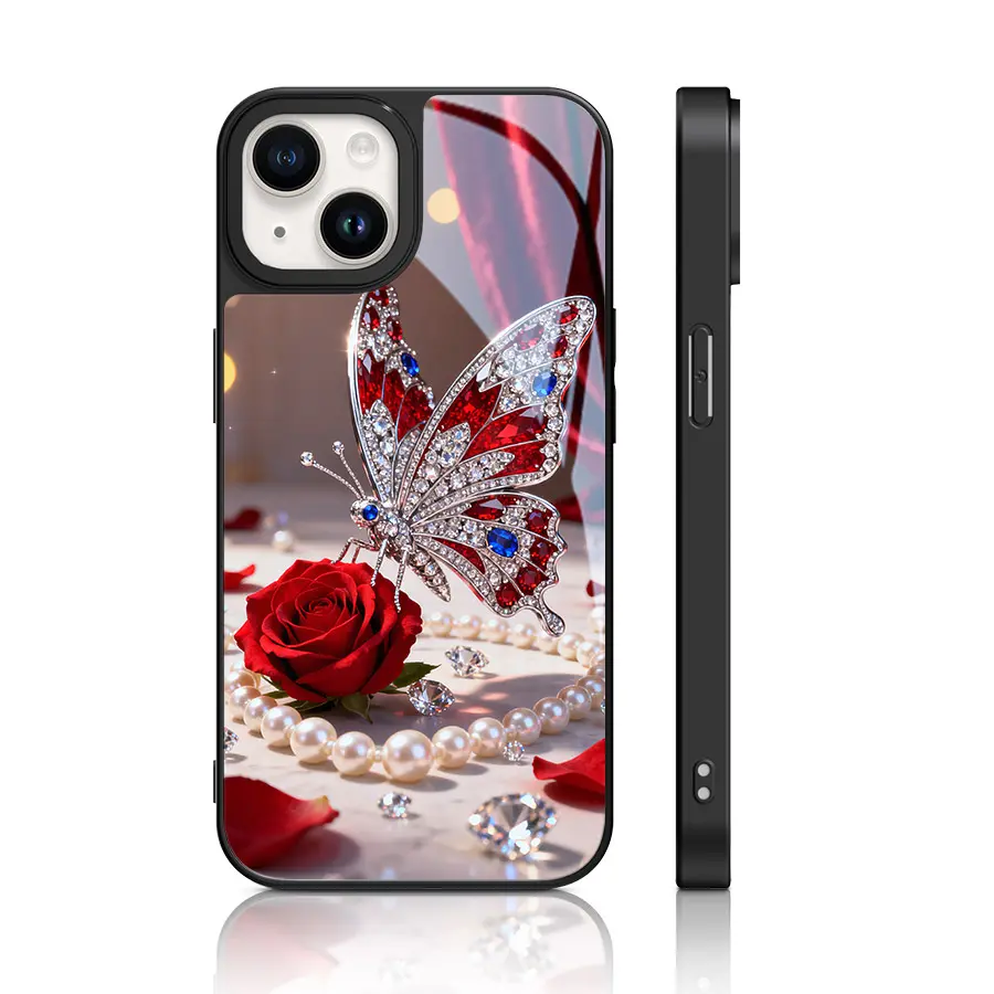 Elegant Gemstone Butterfly-Red Rose-Pearl Pattern Glass Phone Case for iPhone 17,16 Pro Max,16 Plus,15,14 Plus,14,13,12,11,11 Pro - Shockproof, Durable Protection Casing, Unique Art Lovers' Glass Shell Mobile Accessory