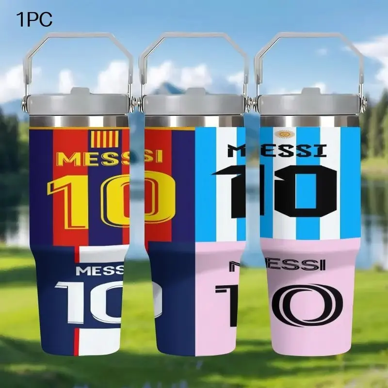 1pc 30oz Stainless Steel Thermal Thermos Mug, Insulated Tumbler, Stainless Steel Drinkware, featuring a design of Messi's #10 jersey from three legendary teams, with a handle and straw, For coffee, tea, birthday/holiday gift, ideal for outdoor camping