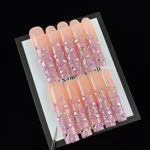 10pcs high-end Style and luxury version, hand-painted pink cat eyes, dazzling with full diamonds handmade fake nails, Suitable for attending important banquets, birthday parties, opening dances, and celebrating festivals, Glam Pack Glitter