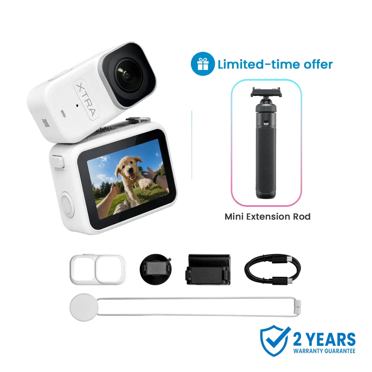 Xtra Atto Wearable 4K Action Camera, 54 g, Light and Compact, 1/1.3″ Sensor, 4K/60fps Video, 220‑Min Max Recording, 5-Min Pre-Recording, Built-in Stabilization, 128GB Storage, 600MB/s Fast Transfer