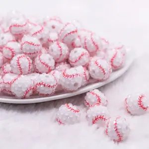 16mm Baseball with Clear Rhinestone Bubblegum Beads
