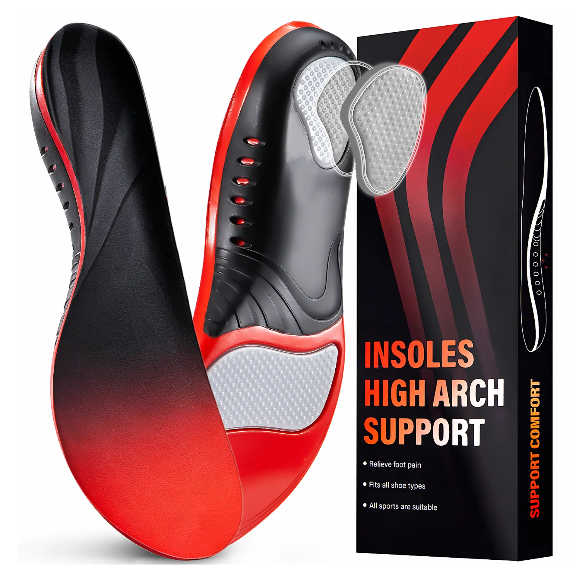High Arch Support Insoles for Men & Women, Orthotic Shoe Inserts with EVA Cushioning & Shock Absorption, Foot Pain Relief, Comfort Support for Walking, Running, Standing & Hiking